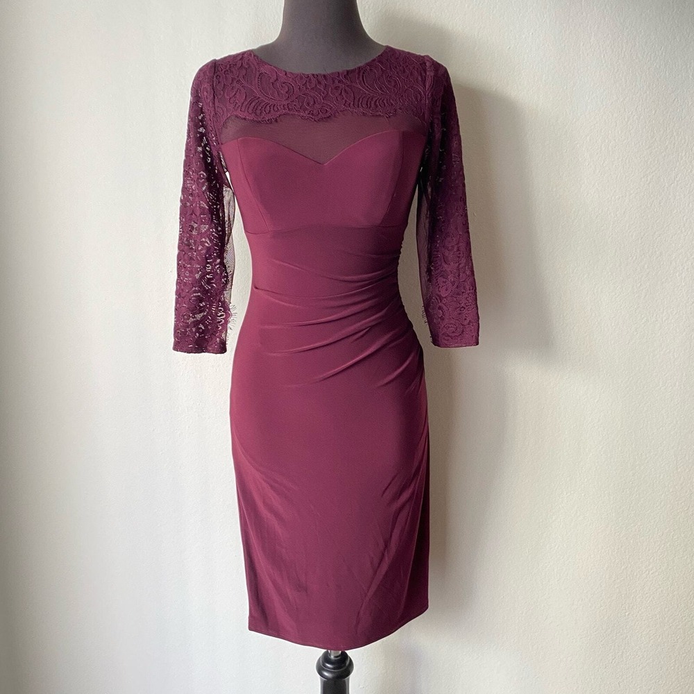 INC 0 Burgundy Sheath Dress Lace‎ Sleeve Ruched Neck Luxury Wedding Guest